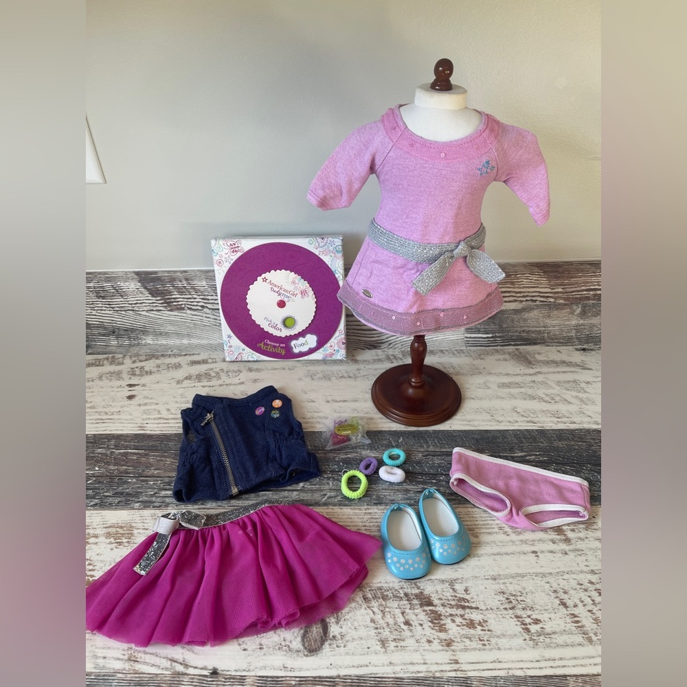 American Girl Doll Truly Me LILAC MEET Dress LOVE to LAYER Accessories ACTIVITY